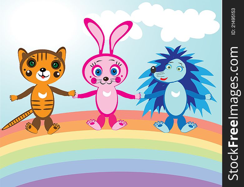 Illustration of little cute animals sitting on rainbow. Illustration of little cute animals sitting on rainbow