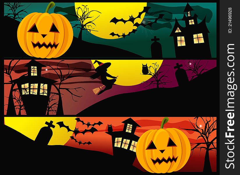 Three Halloween banners with pumpkins, witch, bats and owls