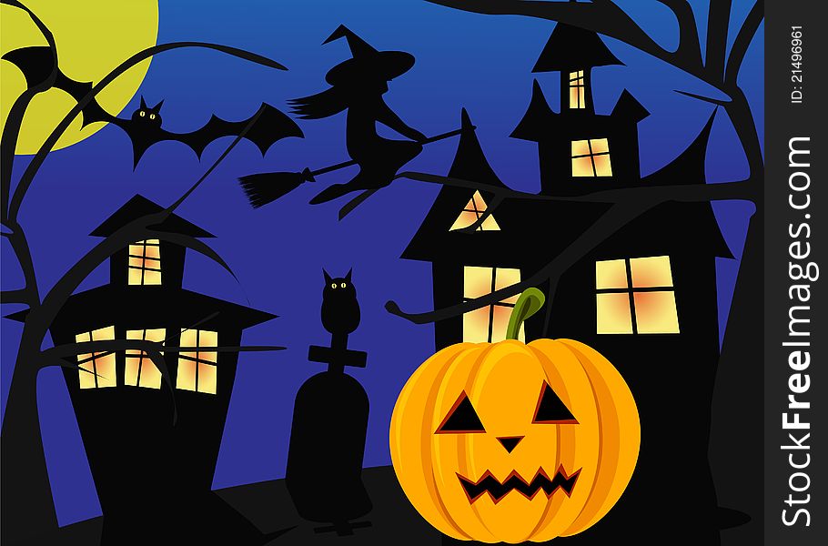 Halloween scene with pumpkins, witch, bats and owls