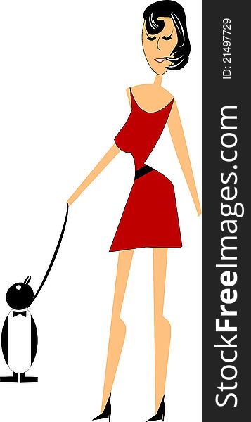 Mature lady in red dress walking her pet penguin. Mature lady in red dress walking her pet penguin