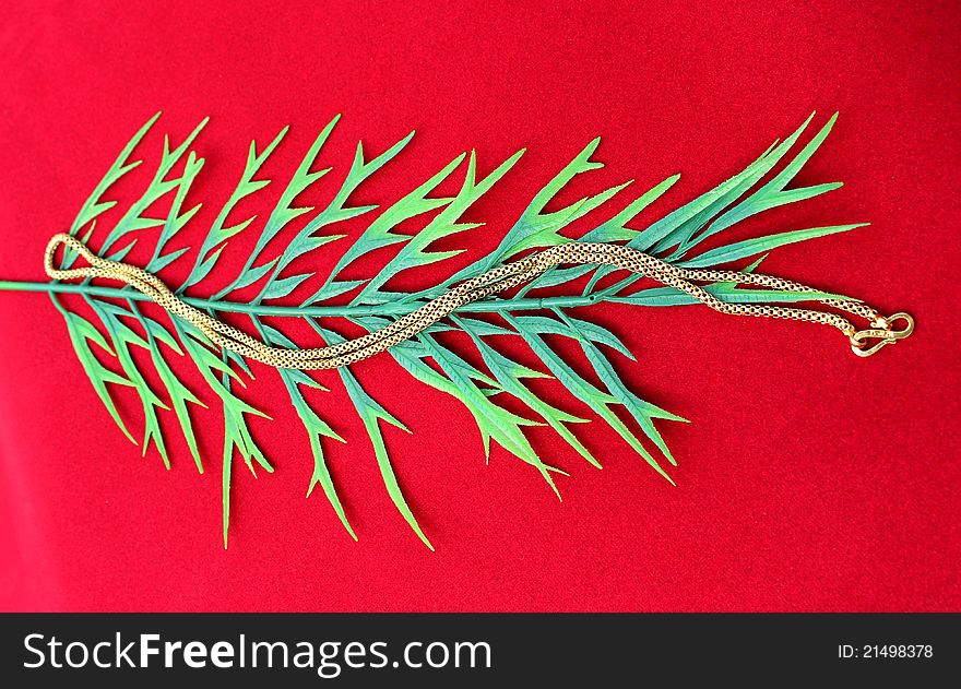 Gold chains laid on green leaf on red background