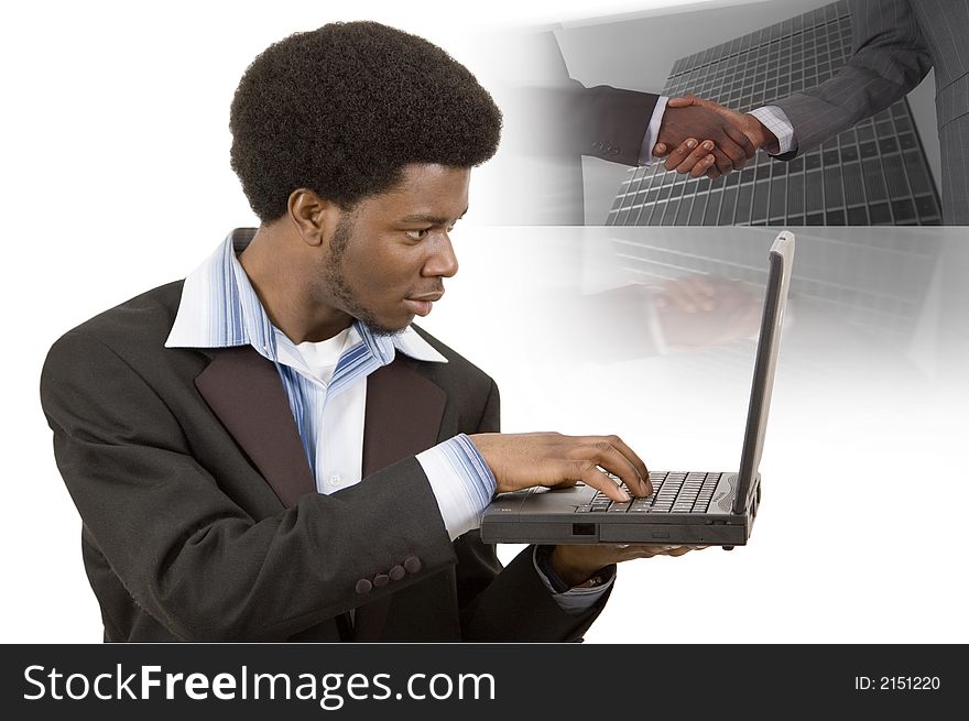 This is an image of a businessman using a laptop. This image can be used represent Search for a Deal! etc.