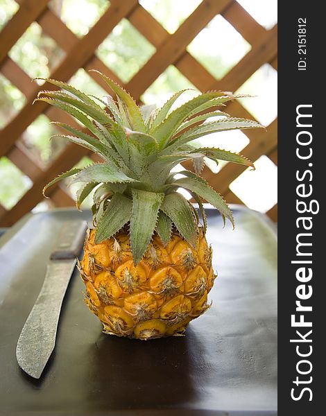 Two Mini Pineapples with a old knife on a wooden board