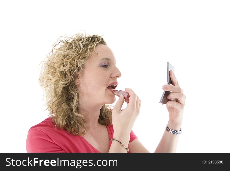 Attractive blonde with a lipstick isolated on white. Attractive blonde with a lipstick isolated on white