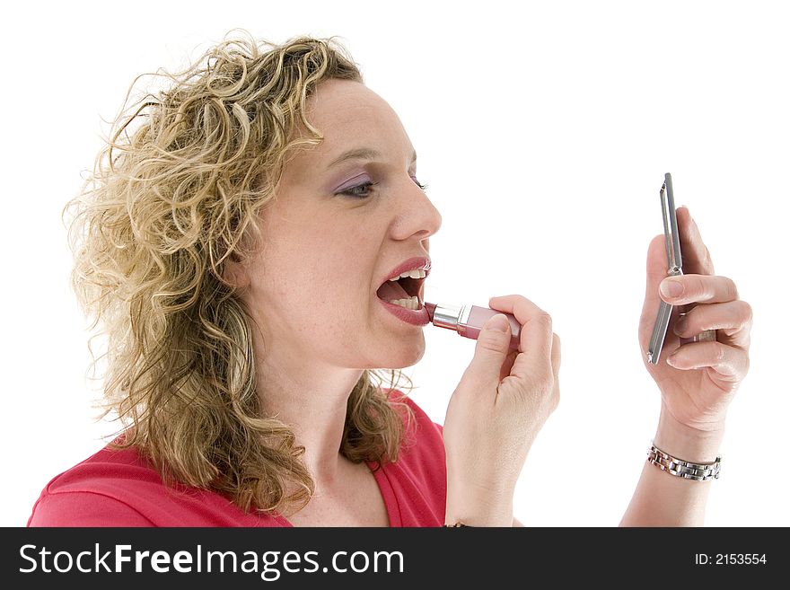 Attractive blonde with a lipstick isolated on white. Attractive blonde with a lipstick isolated on white