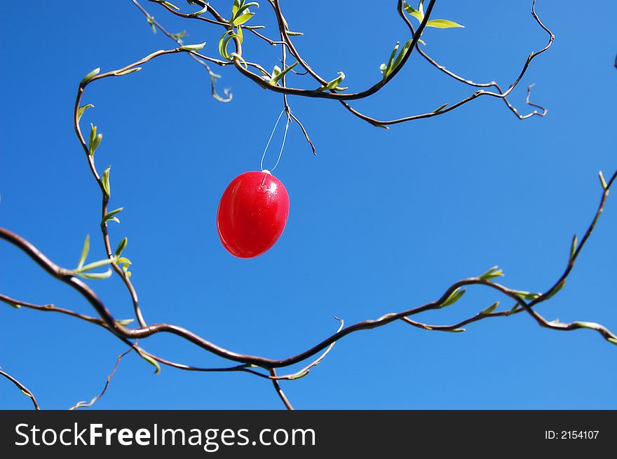 Rotes easter egg on bush in front of blue cloudless sky
