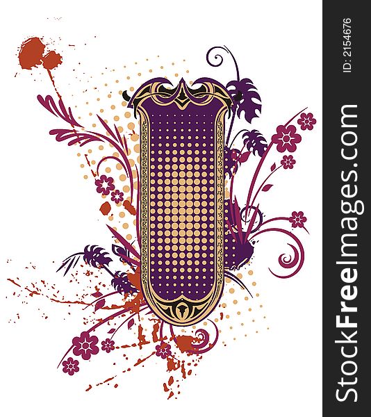 Abstract floral frame with grunge and halftone effects, designed in violet, red, black and yellow colors. Abstract floral frame with grunge and halftone effects, designed in violet, red, black and yellow colors.