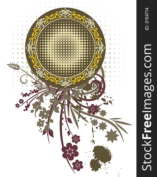 Abstract floral frame with grunge and halftone effects, designed in green, brown, and yellow colors. Abstract floral frame with grunge and halftone effects, designed in green, brown, and yellow colors.