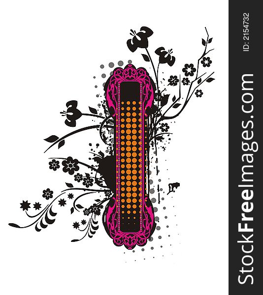 Abstract floral frame with grunge and halftone effects, designed in purple, orange and black colors. Abstract floral frame with grunge and halftone effects, designed in purple, orange and black colors.