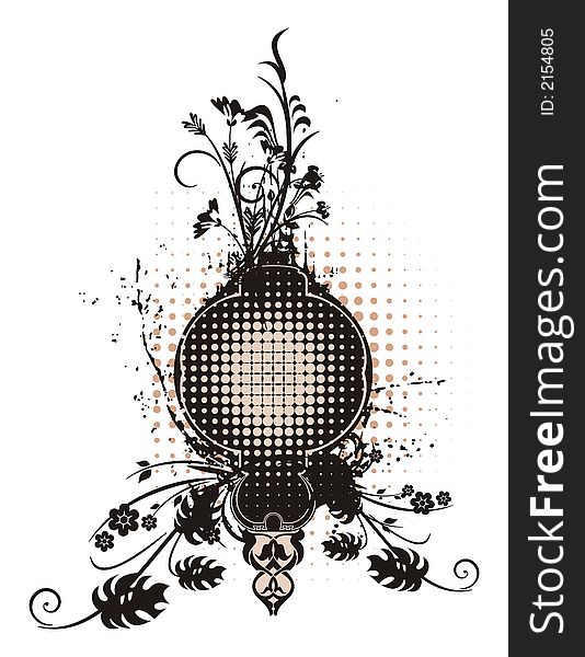 Abstract floral frame with grunge and halftone effects, designed in beige and black colors. Abstract floral frame with grunge and halftone effects, designed in beige and black colors.
