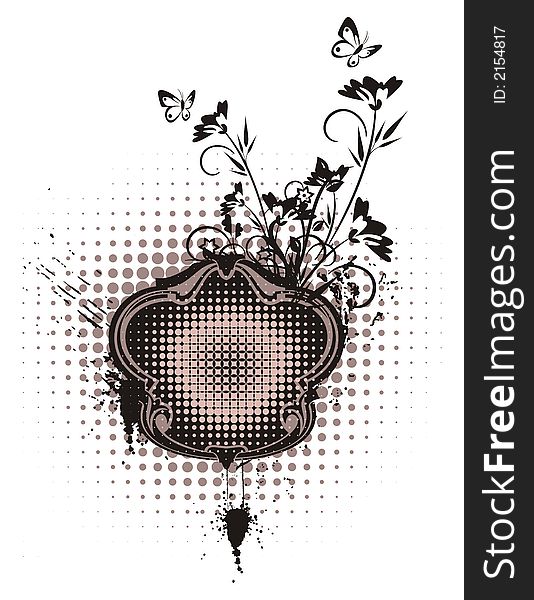 Abstract floral frame with grunge and halftone effects, designed in rose and black colors. Abstract floral frame with grunge and halftone effects, designed in rose and black colors.