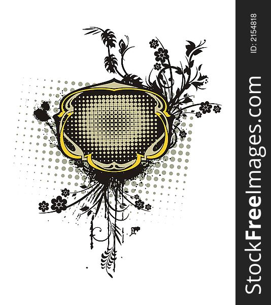 Abstract floral frame with grunge and halftone effects, designed in black and yellow colors. Abstract floral frame with grunge and halftone effects, designed in black and yellow colors.