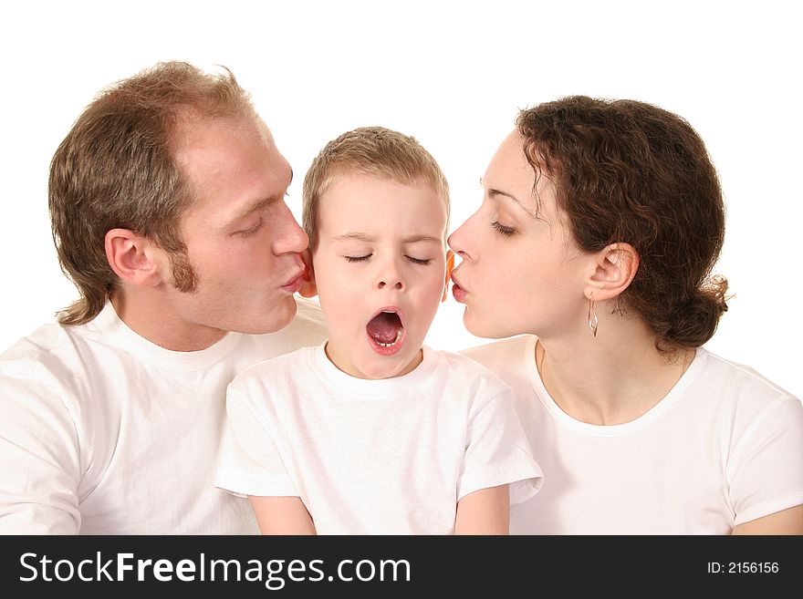Yawn boy with kissing parents. Yawn boy with kissing parents