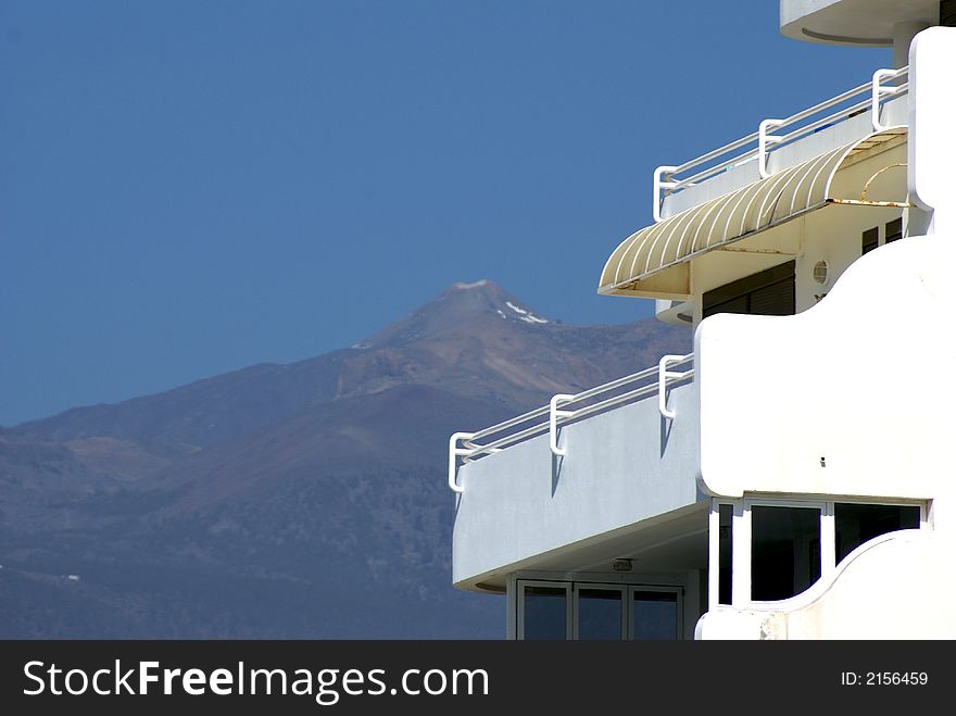 White Balcony looking out at Mt Teide with snow in Tenerife,Canary Islands. White Balcony looking out at Mt Teide with snow in Tenerife,Canary Islands