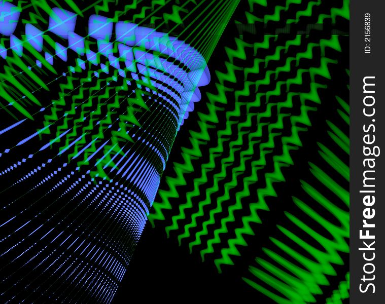 Neon light waves background in blue and green