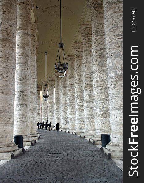 These travertine columns surround the Piazza San Pietro: they form the ring around the Piazza outside of the Basilica of St. Peter. These travertine columns surround the Piazza San Pietro: they form the ring around the Piazza outside of the Basilica of St. Peter.