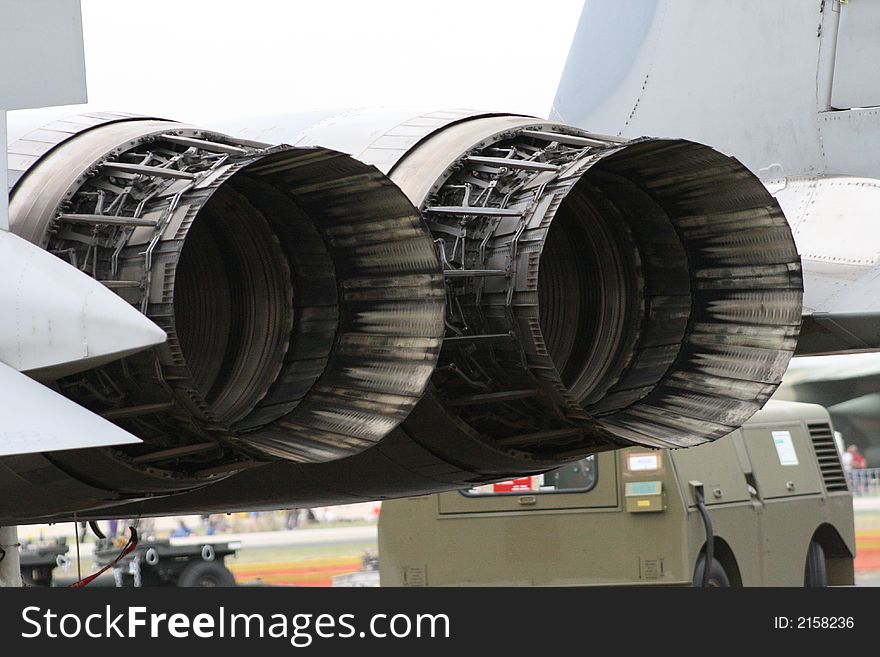 Rear view of the jet turbines on an F-15 Eagle. Rear view of the jet turbines on an F-15 Eagle