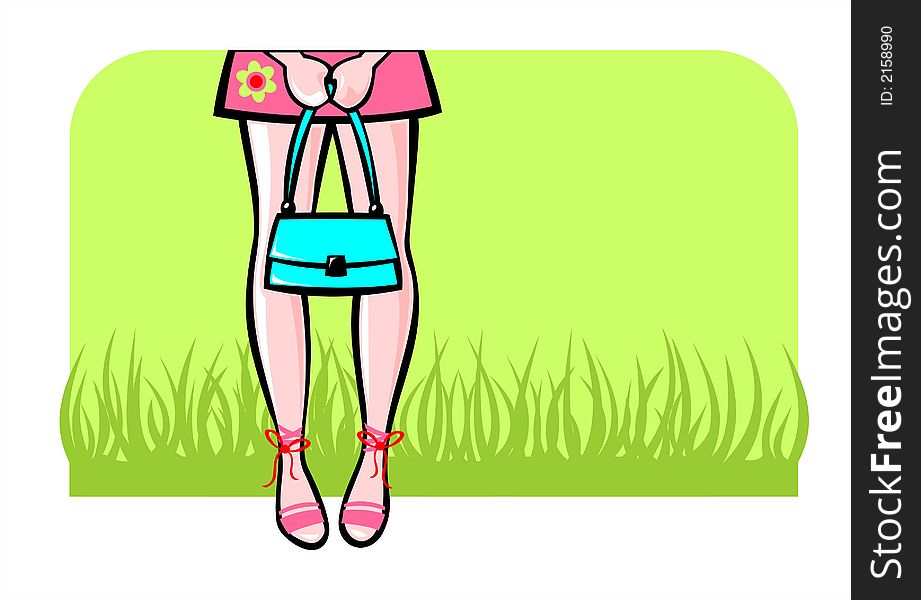 The girl with a handbag on a green background with a grass. The girl with a handbag on a green background with a grass.