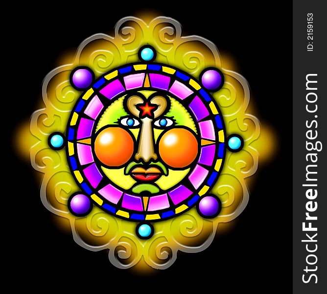 A glossy, colorful illustration of the sun in a tribal style. A glossy, colorful illustration of the sun in a tribal style