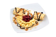 Chocolate Pancake With Bananas And Cherries Royalty Free Stock Photography