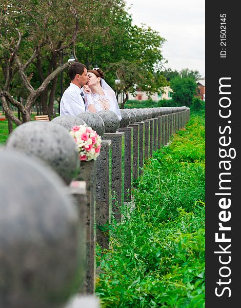 Happy bride and groom outdoor