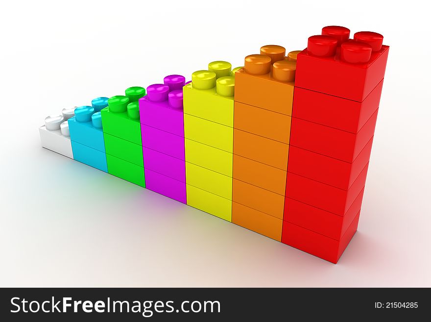 Plastic construction background with colored bricks on white