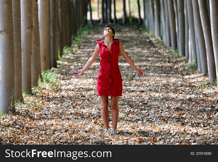 Woman Dressed In Red, Meditating In The Forest