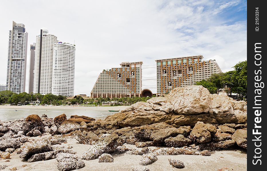 Beach, rocks, and hotels. The sea east of Thailand. Beach, rocks, and hotels. The sea east of Thailand.