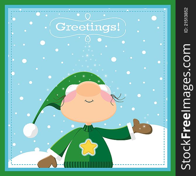 Christmas greeting card. A Cute elf in a green costume standing on a snow background. Christmas greeting card. A Cute elf in a green costume standing on a snow background