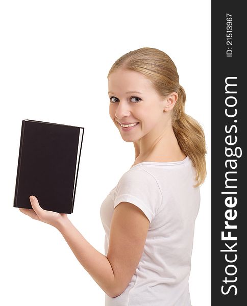 Attractive girl with a book on white background. Attractive girl with a book on white background