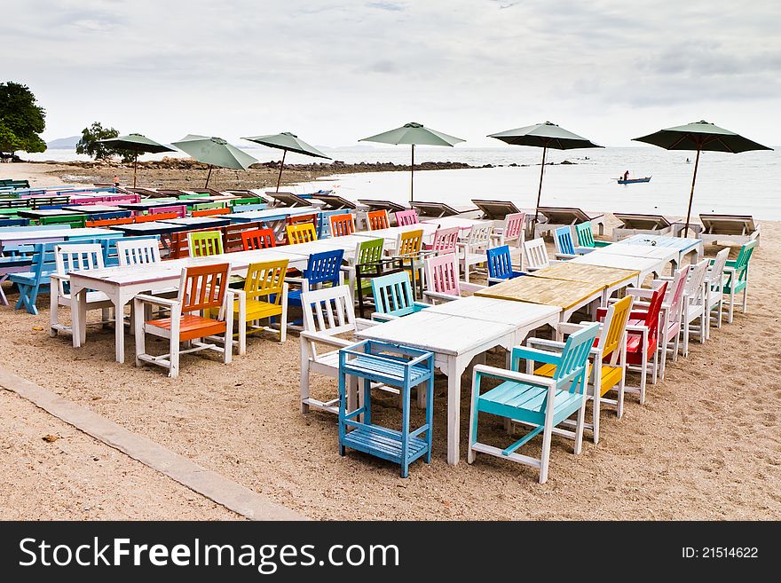 Tables, chairs, colorful seaside