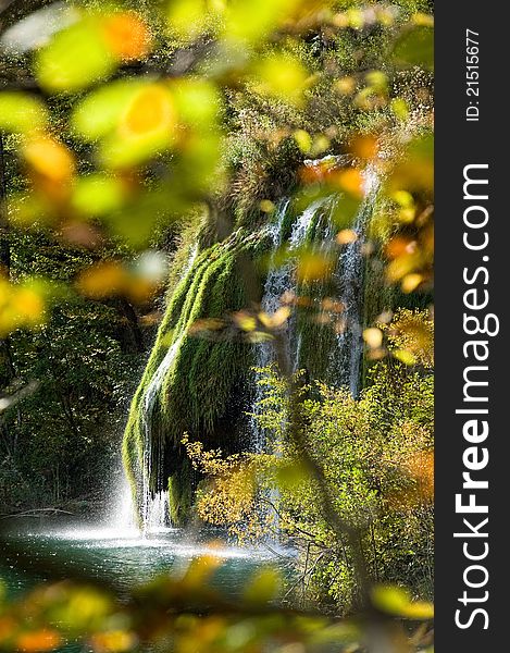 Waterfall in forest Plivicka Jezera Plitvice in autumn. Waterfall in forest Plivicka Jezera Plitvice in autumn