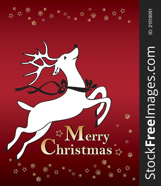 Reindeer  on red background ans gold snowflakes  with stars. Reindeer  on red background ans gold snowflakes  with stars