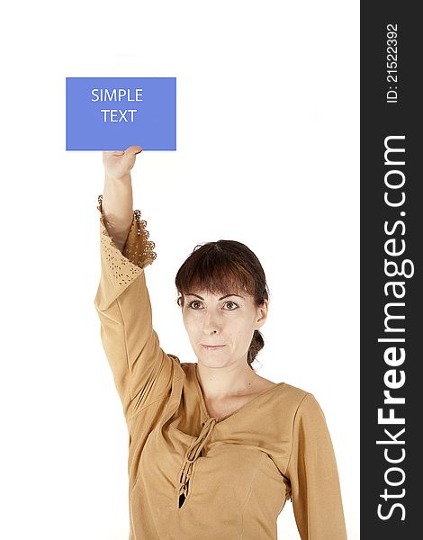 The young girl holds in a hand over a head the dark blue tablet, isolation on a white background. The young girl holds in a hand over a head the dark blue tablet, isolation on a white background