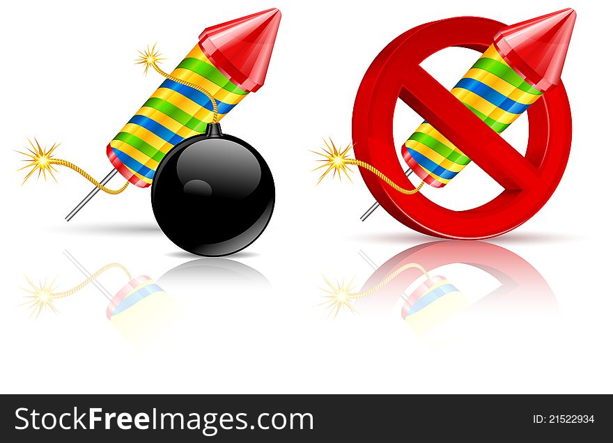 Firework rockets, bomb and stop sign on white, vector illustration. Firework rockets, bomb and stop sign on white, vector illustration