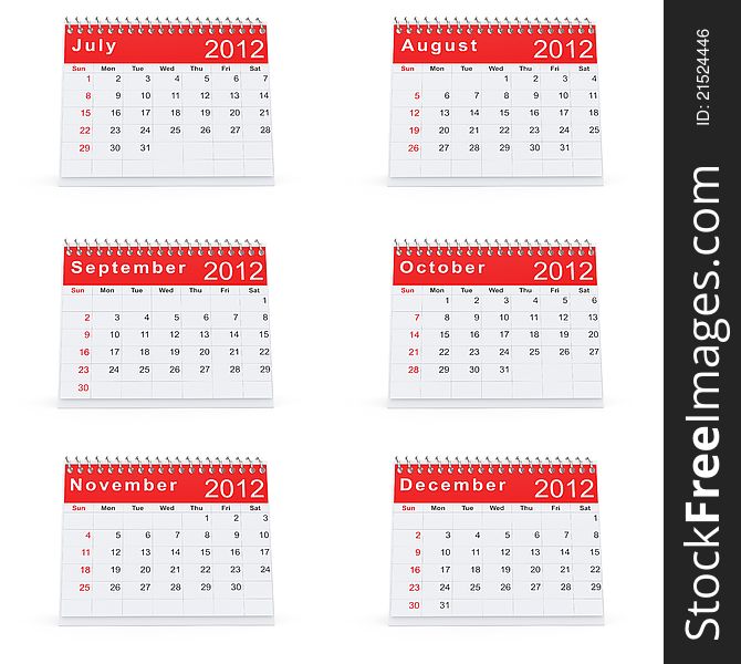 3D rendering of 2012 desk calendar July to December