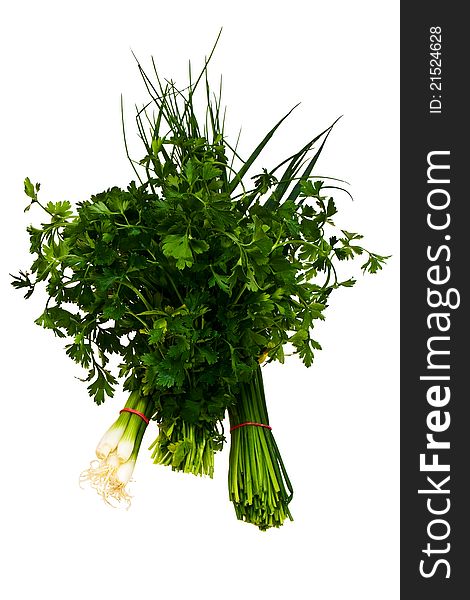 Chive, bulb onion and parsley bundles isolated over white background. Chive, bulb onion and parsley bundles isolated over white background.