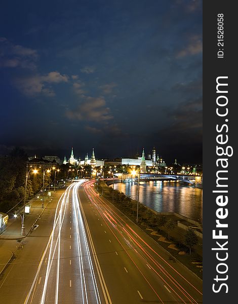 Kremlin wall and Moscow river at night. Kremlin wall and Moscow river at night.
