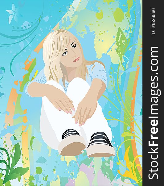Sitting girl on spring background (vector illustration)