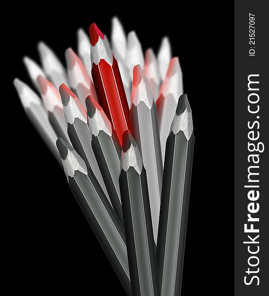 Group of pencils gray and one red, a metaphor for leadership and command. Group of pencils gray and one red, a metaphor for leadership and command