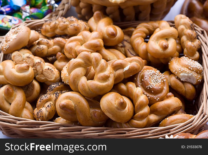 Display of bakery products. Bagels