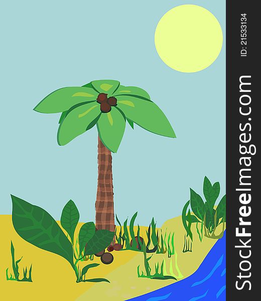 Tropical beach. palm tree with coconuts on the shore