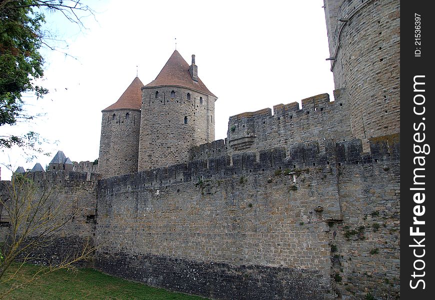 Walls of Carcassonne -fortified French town. Walls of Carcassonne -fortified French town