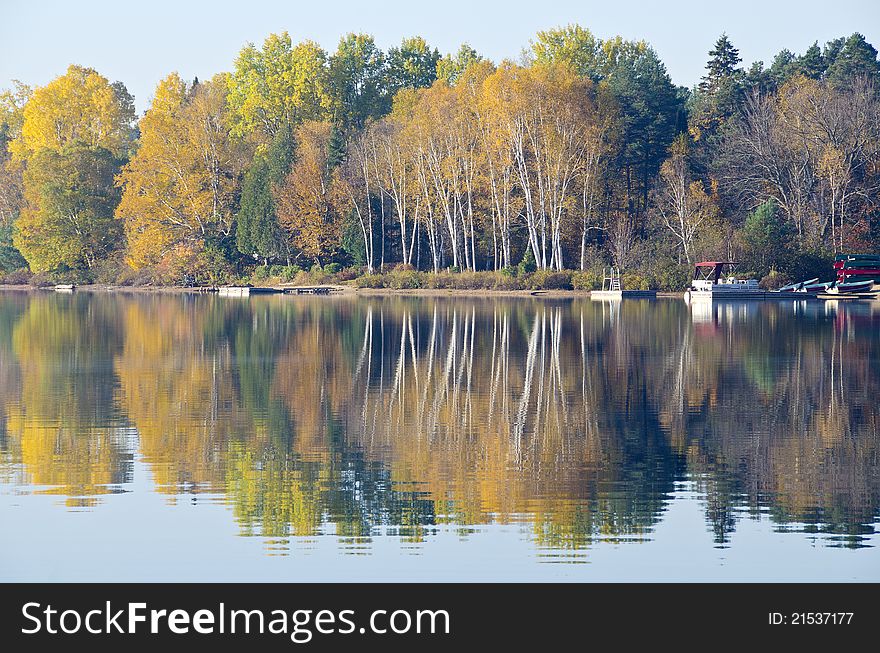 Fading colors in the tree reflected on a calm lake. Fading colors in the tree reflected on a calm lake.