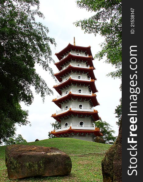 Pagoda and stones and trees and grass land