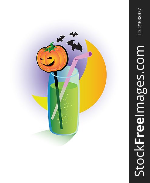 Halloween goodtaste cocktail with green drink and pumpkin. Halloween goodtaste cocktail with green drink and pumpkin