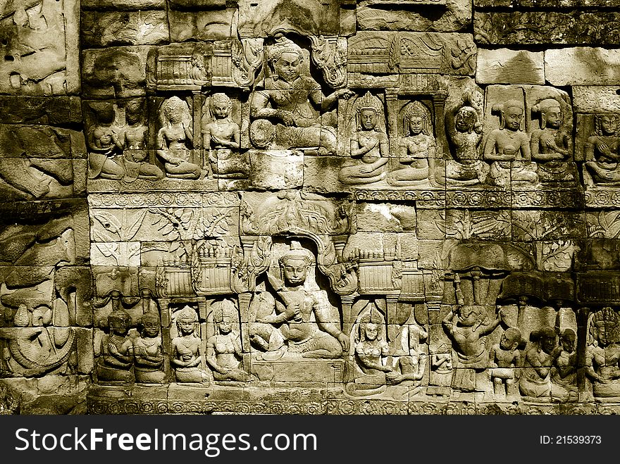 Ornate bas-reliefs at Angkor Thom, Cambodia