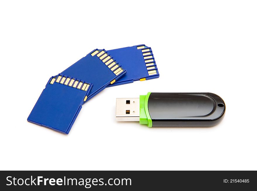 Flash drives on white background
