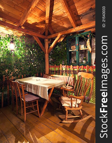 Balcony of a restaurant, traditional folklore style. Balcony of a restaurant, traditional folklore style.