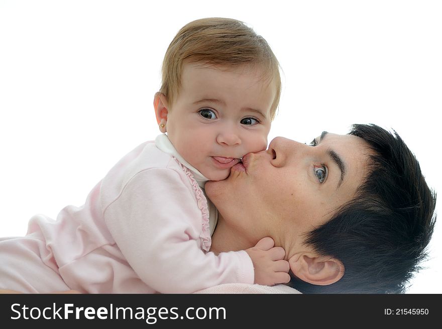 A mother playing with her little baby on white background. A mother playing with her little baby on white background